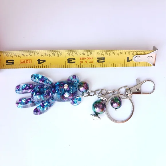 Confetti teddy bear keychain bag purse charm blue purple with rainbow beads new - Picture 4 of 6